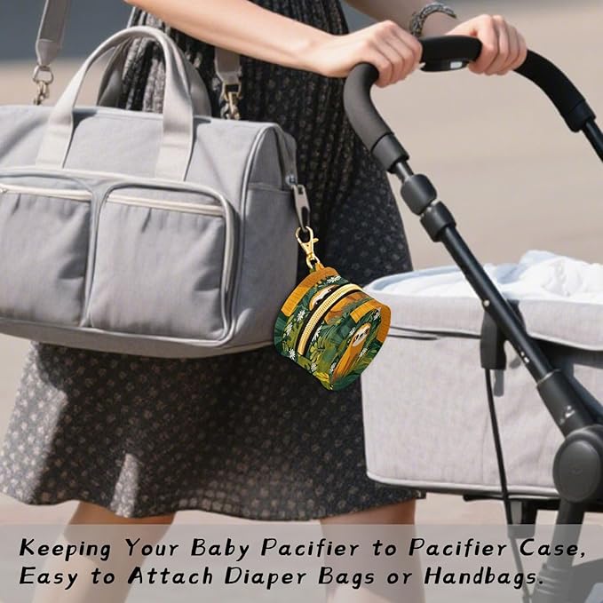 Pacifier Holder with Clip Pacifier Case for Diaper Bag Round Baby Pacifier Pouch Box Bag Portable Sloths Leaves Daisy Green