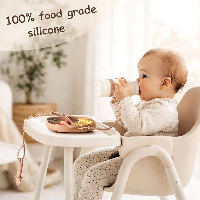 Baby Plates with Suction Silicone Baby Spoons Divided Baby Plates Silicone Baby Safety Toy Straps Baby Bottle Bungees Baby Feeding Set All-in-one-Sage
