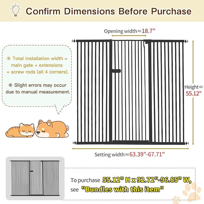 Lumizone Extra Tall Cat Gate 55.12" High Pressure Mounted 63.39"-67.71" Extra Wide 1.37" Gap No Drilling Auto-Close One-Handed Operation Tall Pet Gate for Dogs(Black, 55.12" H x 63.39"-67.71" W)