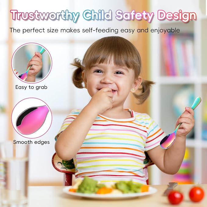 Stainless Steel Rainbow Toddler Spoons Set - 12 Pieces Food Grade Kids Spoons Set Safe Kids Silverware Children Small Spoon Metal Toddler Utensils Mirror Polished Sturdy and Durable Dishwasher Safe