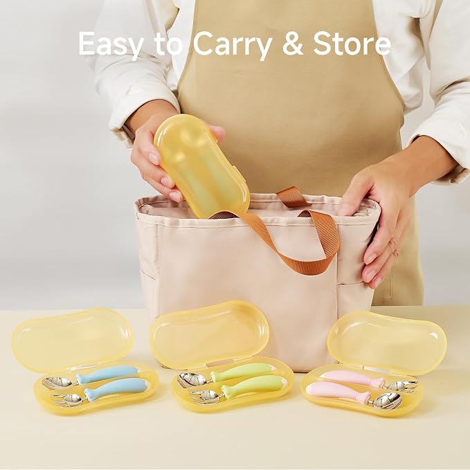 KINGSTONE Toddler Utensils with Case, Kids Silverware Set with Silicone Handles, 18/10 Stainless Steel Children Safe Forks and Spoons, Travel Carrying Cases BPA Free, Dishwasher Safe (pink)