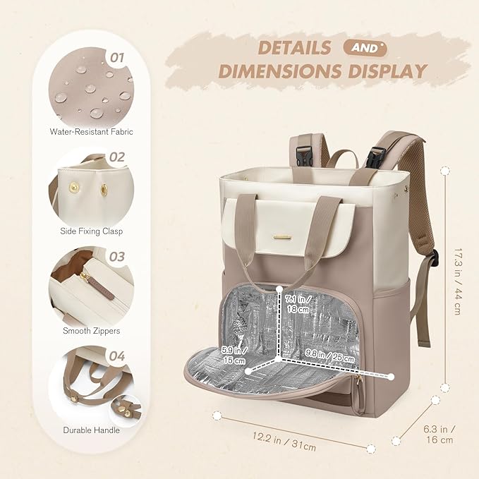 GOLF SUPAGS Diaper Bag Backpack with Portable Changing Pad 25L Baby Bag Insulated lunch box Backpack Fits 17.3" Laptop (Champagne & White)