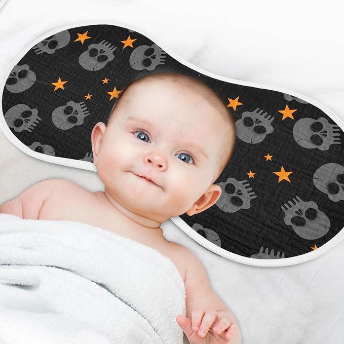 Halloween Skull Muslin Burp Cloths for Baby Boys and Girls - 4-Pack Ultra Absorbent Muslin Washcloths, Newborn Towel, Milk Spit Up Rags, Burp Cloth Bib for Unisex, 22 x 11 Inch