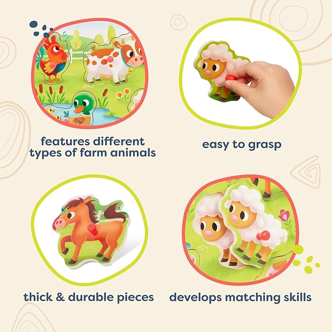B. toys – Peek & Explore – Farm Animals – Wooden Peg Puzzle – Farm Puzzle for Toddlers, Kids – 8 Farm Animal Pieces – Cow, Horse, Sheep & More – 2+ Years