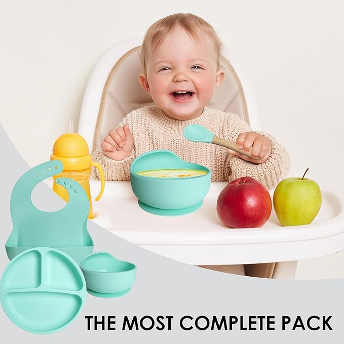 Bluet B - Silicone Baby Feeding Set - Baby Led Weaning Supplies - Baby Spoons, Suction Bowl - Plate - Baby Utensils - Silicone Feeding Set for Baby First Foods, Infant Eating - 8pcs - Green