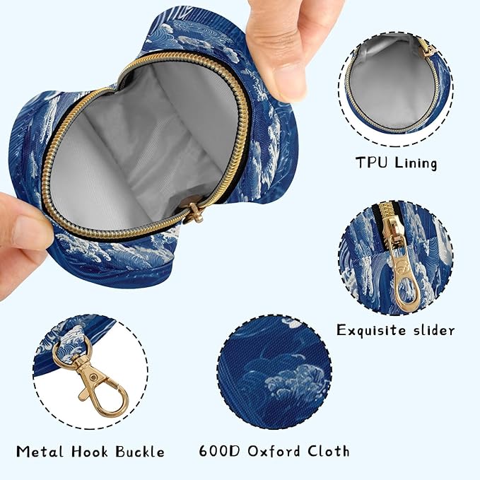 Pacifier Holder with Clip Pacifier Case for Diaper Bag Round Baby Pacifier Pouch Box Bag Portable Blue Ocean Waves