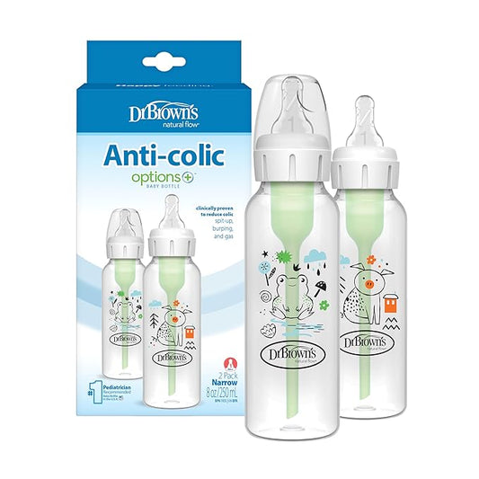 Dr. Brown's Natural Flow Anti-Colic Options+ Narrow Baby Bottle, Frog and Pig, 8 oz/250 mL, with Level 1 Slow Flow Nipple, BPA-Free, 0m+, 2-Pack