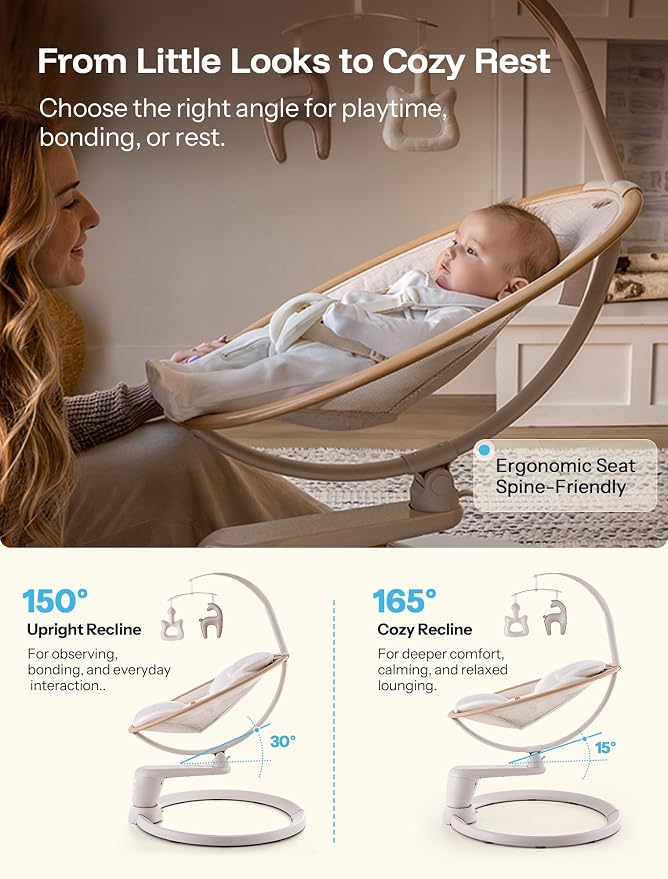 HARPPA Weddell Signature Baby Electric Swing for Newborns and Infants, Elevated Eye-Level Seat, 180° Rotation with Dual Motion, 5-Point Harness, 5 Speeds & Remote Control, Beige