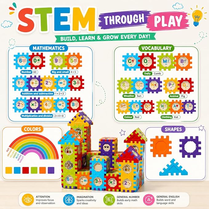 Building Blocks for Toddlers 3-5, 186 Pcs Toy Building Sets - STEM Building Toys, Interlocking Building Blocks for Toddlers and Kids with Storage Bag, for Boys and Girls
