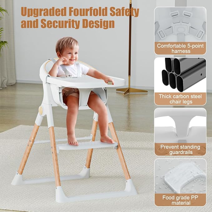 Baby High Chair, High Chairs for Babies and Toddlers, Convertible Folding High Chair with Removable Tray 5 Point Harness Footrest Detachable PU Cushion, Portable Highchair for Baby Toddlers