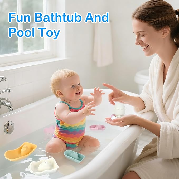 MCGMITT Baby Bath Toys for Kids Ages 1-3, 12 PCS Silicone Mold Free Bathtub Toys for 6-12 Months, Soft Stacking Cups & No Hole Duck & Floating Boats, Beach Sand Water Table Pool Toys for Toddlers