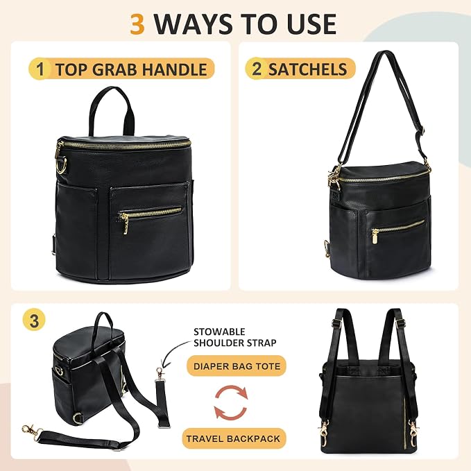 miss fong Leather Diaper Bag Backpack, Backpack Diaper Bag with Changing Pad(Regular + Mini)