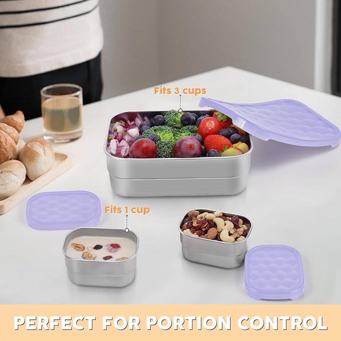 Tanjiae Small Stainless Steel Lunch Containers for Kids | Leak Proof BPA Free Snack Containers with 100% Pure Silicone Lids - Perfect Metal Lunch Box with Lids for School and Daycare (25oz+8oz*2)