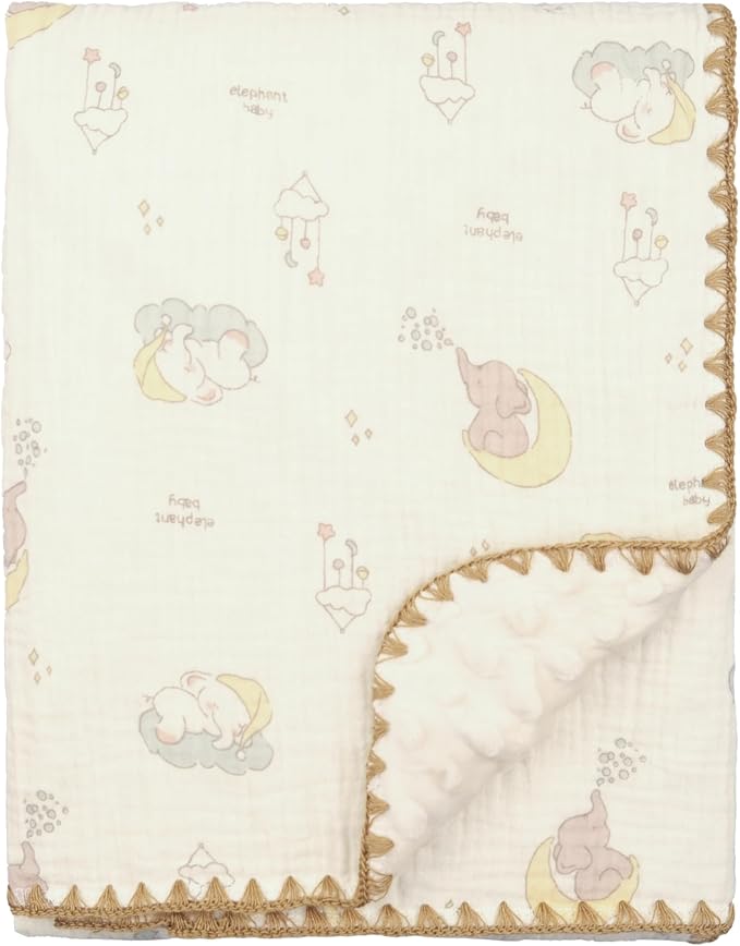 Baby Blanket 40x40 Inches,Muslin Cotton and Minky Dotted Double Layer Soft Receiving Blanket for Newborn Toddler,Lunar Elephant