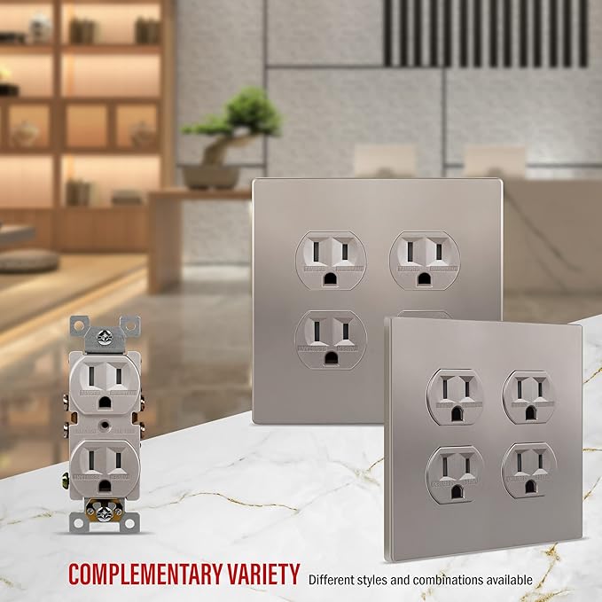 ENERLITES Elite Series Duplex Outlet Receptacle Cover, Two Gang Screwless Wall Plate, Standard Size, 2-Gang 4.68" x 4.73", Polycarbonate Thermoplastic, UL Listed, SI8822-NK, Nickel