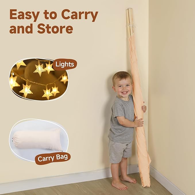 Sumbababy Kids Teepee Tent Indoor, Washable Cotton Canvas Play Tent with Tassel Trim, Foldable Toddler Tent for Girls & Boys Sleepover Party, Gift Set with Star Lights, Banner & Carry Bag, Khaki