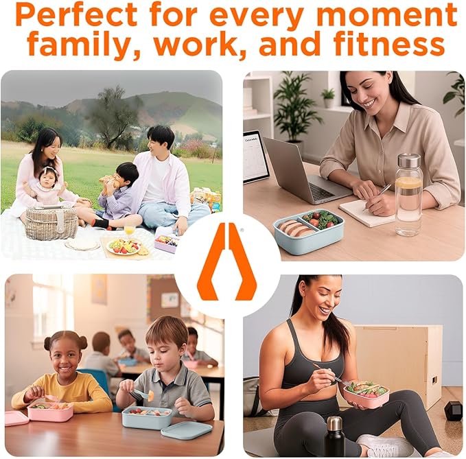Silicone Bento Box for Kids, 3 Compartment Lunch Box, Small Portions, BPA Free Snack Container, Leak Resistant, Easy to Clean, Dishwasher Safe