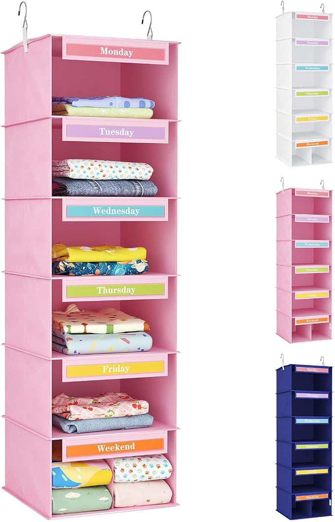 Lifewit 6 Shelf Weekly Clothes 0rganizer for Kids, Baby Hanging Closet Storage with Color Labels for School Outfits, Todder Daily Clothing Divider with Days of The Week Monday to Friday Weekend, Pink