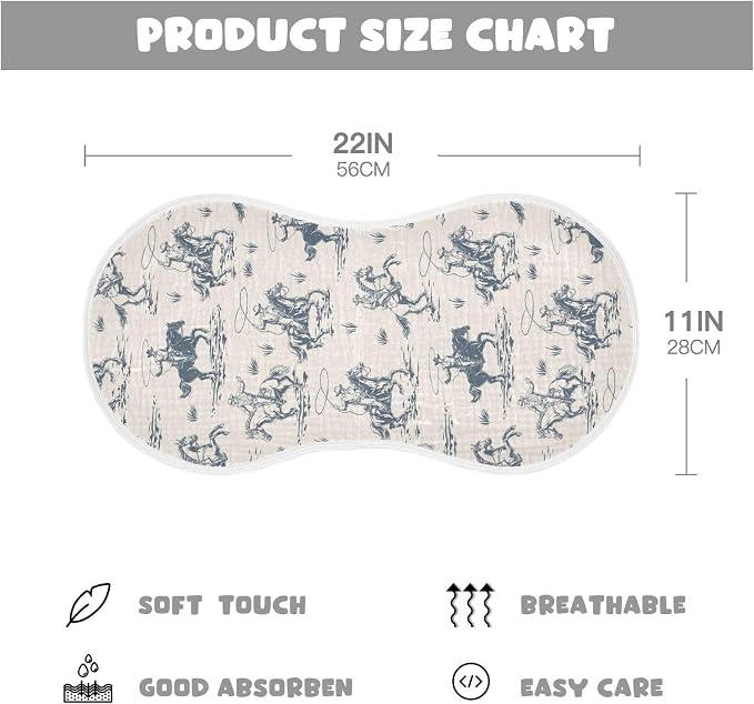 Muslin Burp Cloths for Baby Boys and Girls - 2-Pack Ultra Absorbent Western Cowboy Muslin Washcloths, Newborn Towel, Milk Spit Up Rags, Burp Cloth Bibs for Unisex, 22 x 11 Inch
