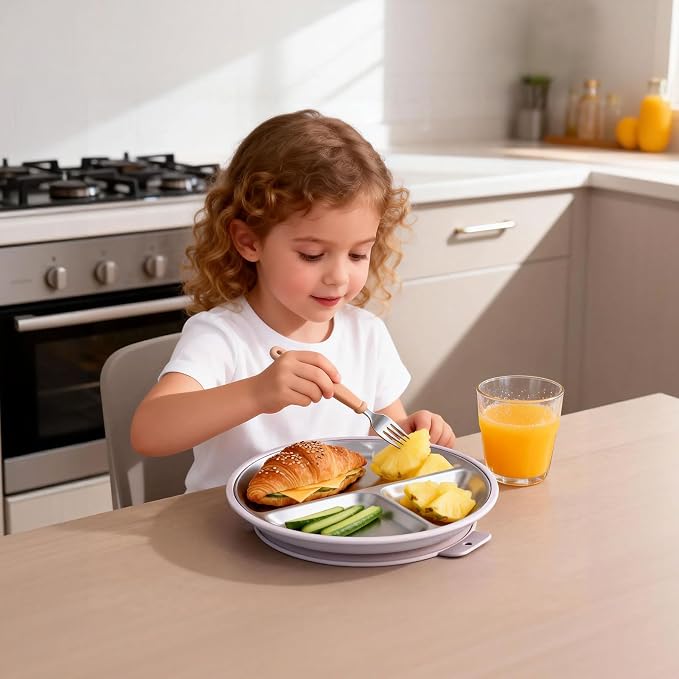 Greentainer 3 Pack Stainless Steel Baby Suction Plates, Divided Toddler Plates with Removable Silicone Sleeves, Unbreakable Kids Dishes for Dinner & Snack, Non-Toxic, Dishwasher Safe