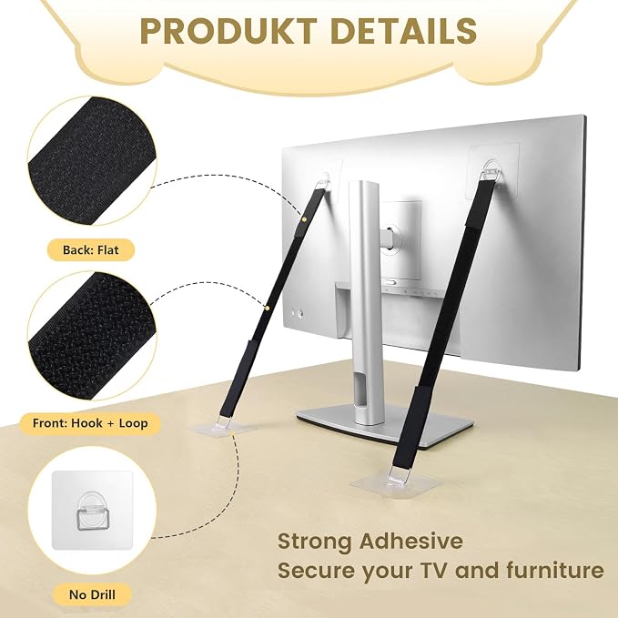8 Pack Cut to Length TV Safety Straps for Flat Screen, No-Drill Adjustable Anti-Tip Earthquake Straps for TV and Furniture，Including 1in*32ft Hook and Loop Straps with 16 Adhesive Anchors