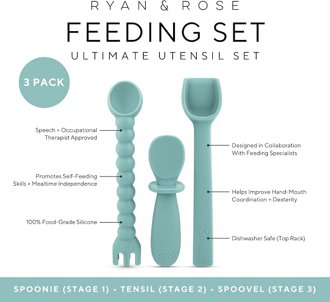 Ryan & Rose Ultimate Baby Utensil Set of 3 Silicone Baby Spoons Silicone feeding set for baby led weaning, self feeding 6 months, toddler utensils (Seaglass) (Pack of 2)