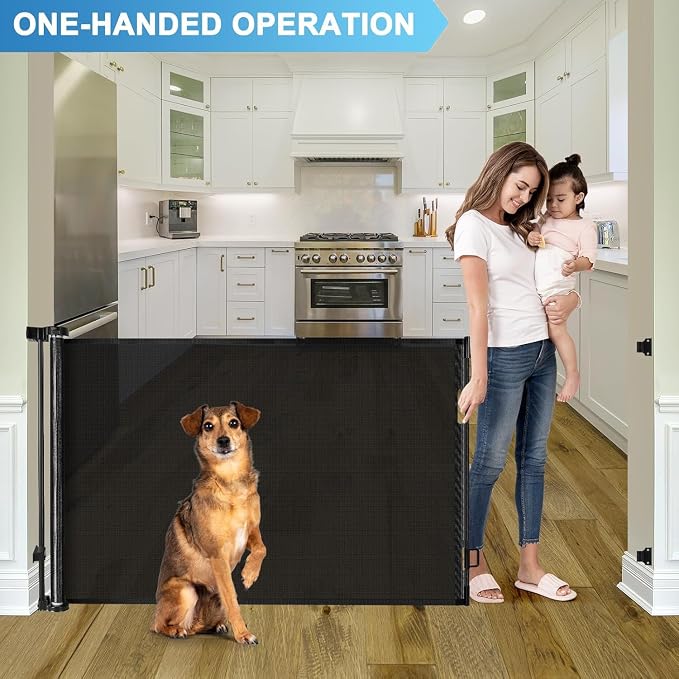 Retractable Baby Gates for Doorways 55" Wide Retractable Dog Gate for Stairs, Mesh Dog Gates for The House, Retractable Gate Outdoor Baby Gates for Decks, Child Gate for Stairs, Black