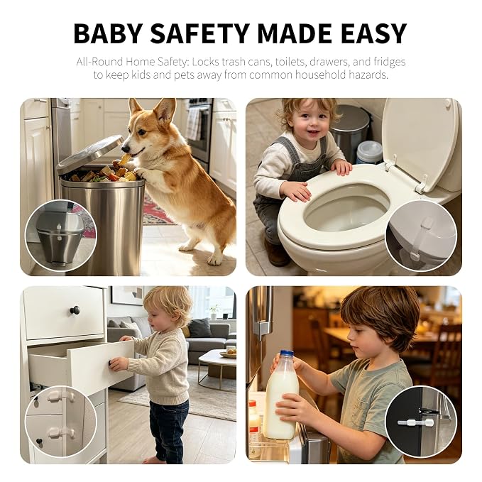 Baby Safety Locks for Cabinets & Drawers (10 Pack) – Child Proof Cabinet Locks with Strong 3M Adhesive, No Drill Safety Latches for Kitchen, Bathroom, Fridge & Cupboards
