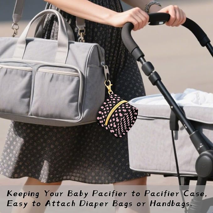 Black Polka Dot Pink Pacifier Holder Case Newborn Pacifier Storage Pouch for Boys Girls Easy Attach to Diaper Bag Portable Baby Essentials Container