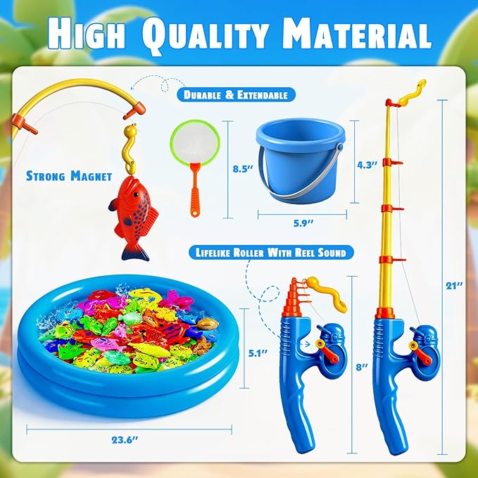 CozyBomB??Magnetic Fishing Toys Game Set for Kids | Water Table Bathtub Kiddie Pool Party Pole Rod Net, Outdoor Plastic Floating Fish, Toddler Bath Color Ocean Sea Animals Birthday Gift Age 3-5 6 4-8