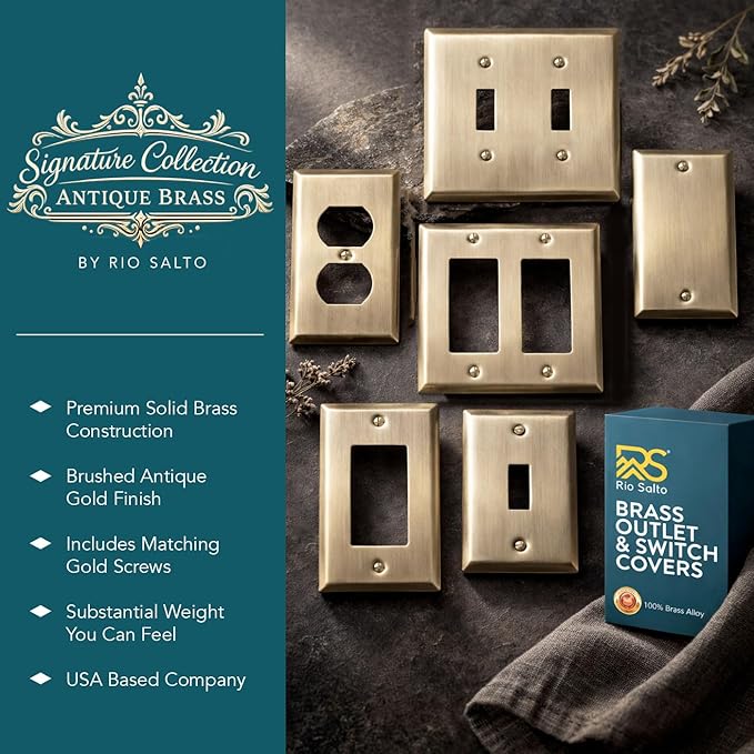 Rio Salto BRASS Signature Collection Double Toggle Metal Antique Gold Light Switch Cover MIDSIZE Mid Size Toggle Switch Vintage Matte Togle (Toggle, 2-Gang)