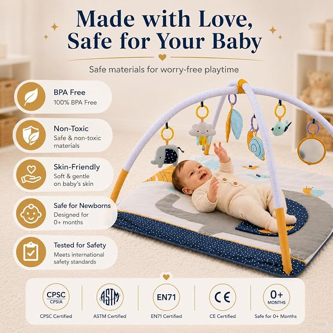 Baby Play Gym – Tummy Time Mat for Infants, Baby Activity Mat, Play Mat for Babies 0-18 Months, Infant Play Mat with Detachable Toys, Soft Velvet Play Mat, Sensory & Montessori Gym