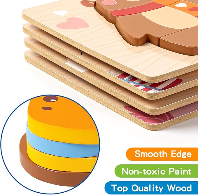 Wooden Puzzles for Toddlers 1-3, 4 Pack Wooden Puzzles with Animals Design, Birthday Gift for Boys Girls, Kids Party Favors Gifts - Educational Preschool Classroom Toys