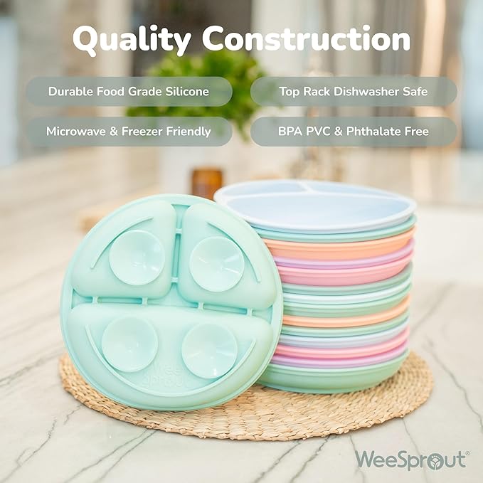 WeeSprout Suction Plates for Babies & Toddlers - 100% Silicone, Dinnerware Stays Put, Divided Design for Picky Eaters, Microwave & Dishwasher Friendly, 3 Pack
