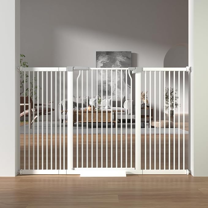 41" Extra Tall Baby Gate for Doorways and Stairs No Drill, Adjustable 60.3-65.7" Auto Close Dog Gate Indoor, Pressure Mounted Walk Through Swing Wide Pet Gate, Tall Cat Gate with Expansion Kit, White