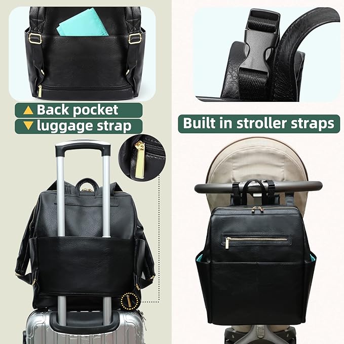 MOMINSIDE Diaper Bag Backpack, Leather Backpack with 16 Pockets for Mom Dad, Baby Registry Search, Fits 15 Inch Laptop, 4 Insulated Pockets, Silver Zipper, Black