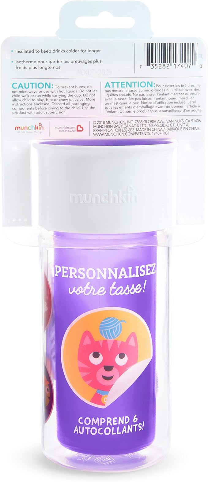 Munchkin® Miracle® 360 Insulated Sippy Cup, Includes Stickers to Customize Cup, 9 Ounce, Purple