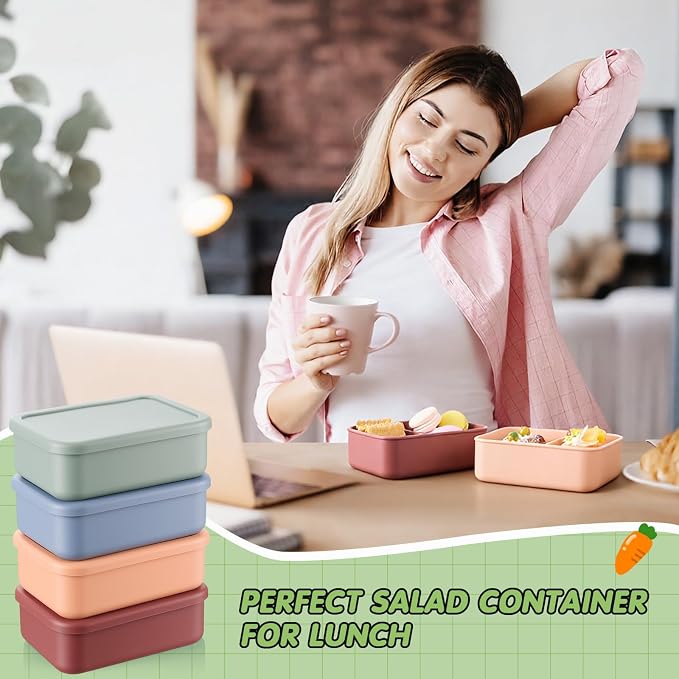 Layhit 4 Pcs Silicone Bento Box for Adults, 27 oz Bento Lunch Container Reusable Food Container for Women Men, Leak Proof Microwave Dishwasher Freezer Safe (2 Compartments,Dark Colors)