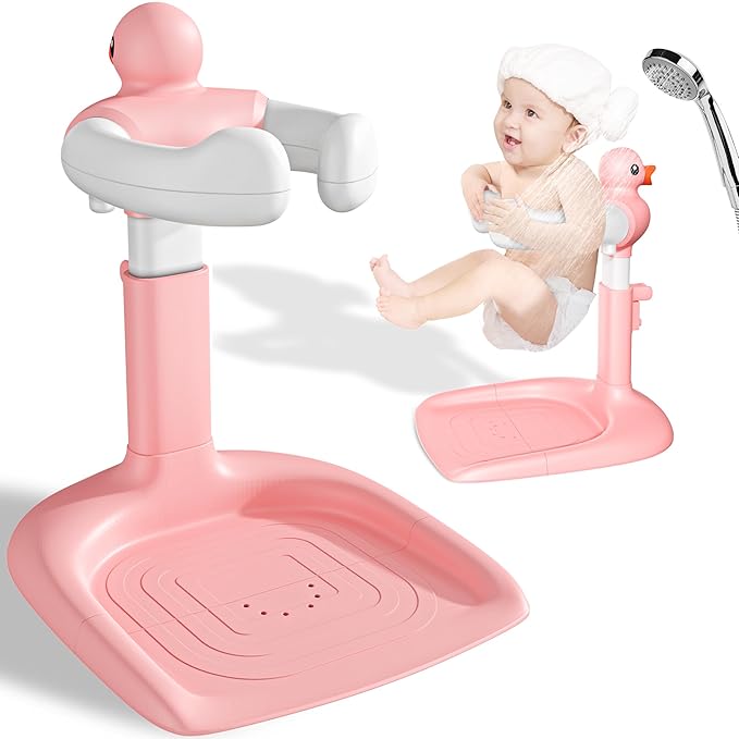 JUNEU Baby Shower Stand, Adjustable Height Baby Bath Stand with Enlarged Anti-Slip Base, Toddler Shower Standing Support, Soporte para Bañera de Bebe, Ideal Gift for Infant 6??6 Months (Pink Duck)