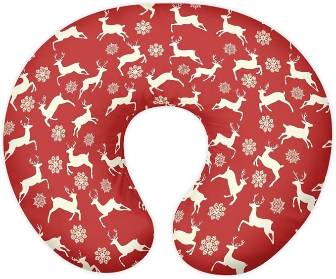 Red Christmas Elk Snowflake Nursing Pillow and Positioner Detachable Newborn Original Breastfeeding Slipcover Case U-Shaped Head Support Protector Cushion Essential with Hidden Zipper