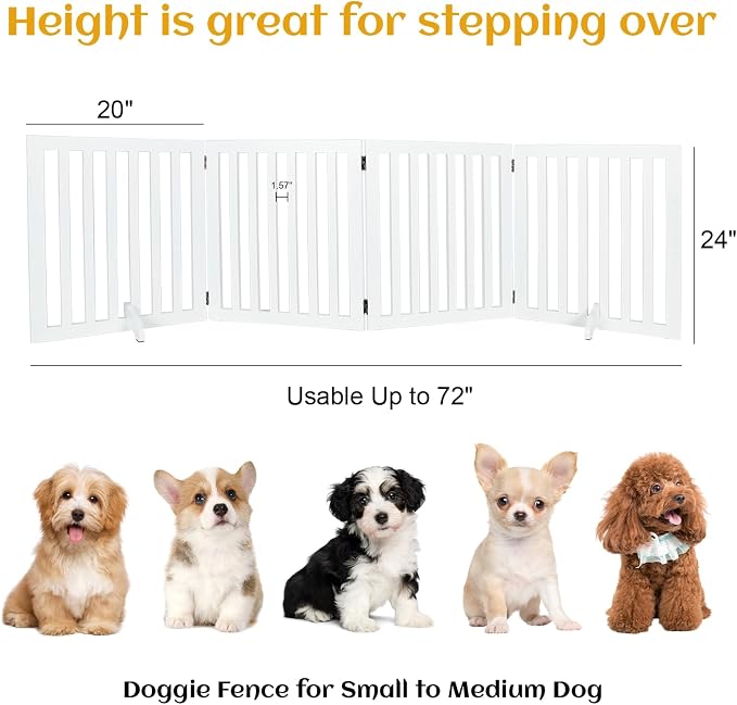 Dog Gate Indoor, 4 Panel Foldable Dog Gate with 2PCS Support Feet, 24" Height Pet Fence Wooden for House Doorways Indoor Outdoor Stairs with Rubber Pads White