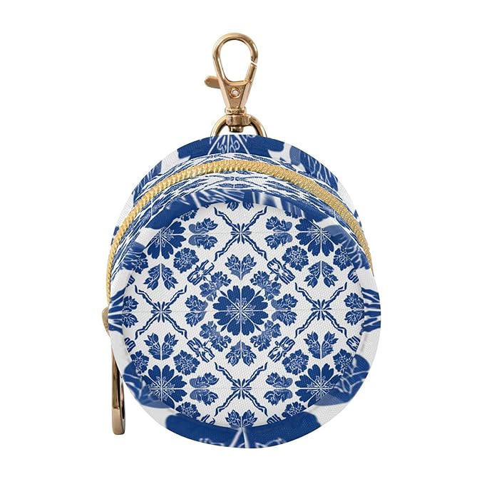 Pacifier Holder with Clip Pacifier Case for Diaper Bag Round Baby Pacifier Pouch Box Bag Portable Blue and White Geometric Flowers