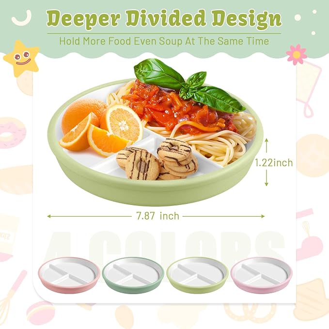 Domensi 4 Sets 8 Inch Kids Porcelain Plates with Silicone Suction Sleeve Antislip White Ceramic Divided Toddler Plates Microwave Dishwasher Safe for Baby Children Feeding Supplies (Cyan,Pink)
