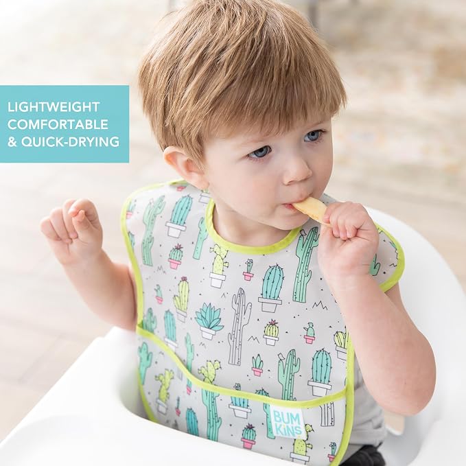 Bumkins Bibs for Girl or Boy, SuperBib Baby and Toddler 6-24 Months, Essential Must Have for Eating, Feeding, Baby Led Weaning Supplies, Mess Saving Catch Food, Waterproof Soft Fabric, Green Cactus