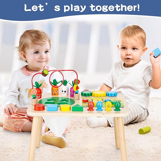 Activity Table, Montessori Toys for 1 2 Year Old Girls Boy Gifts, 7 in 1 Wooden Sensory Play Table for Toddler 1 2 3, Learning Toys for Baby 12-18 Months 1st Christmas Birthday Gifts