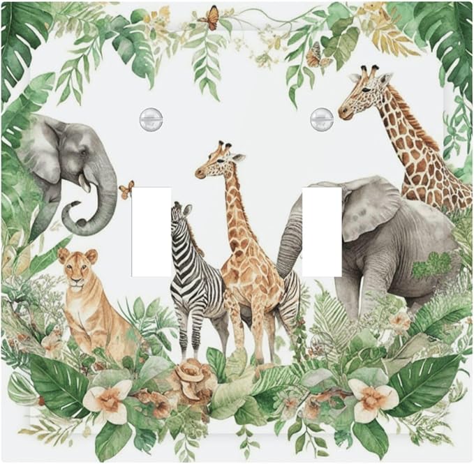 Tropical Leves Safari Animals Giraffe Elephant Zoo Decorative Switch Plates 2 Gang Double Toggle Outlet Light Switch Cover Wall Plate Electrical Faceplate for Kids Room Nursery Decor