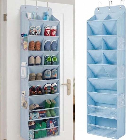 8 Tier Hanging Shoe Organizer – 100D Extra Thick Deep Pockets, Shoe Rack for Closet, Shoe Rack for Entryway, Over the Door Shoe Organizer for Closet with 6 Side Pockets for Boots (Blue)