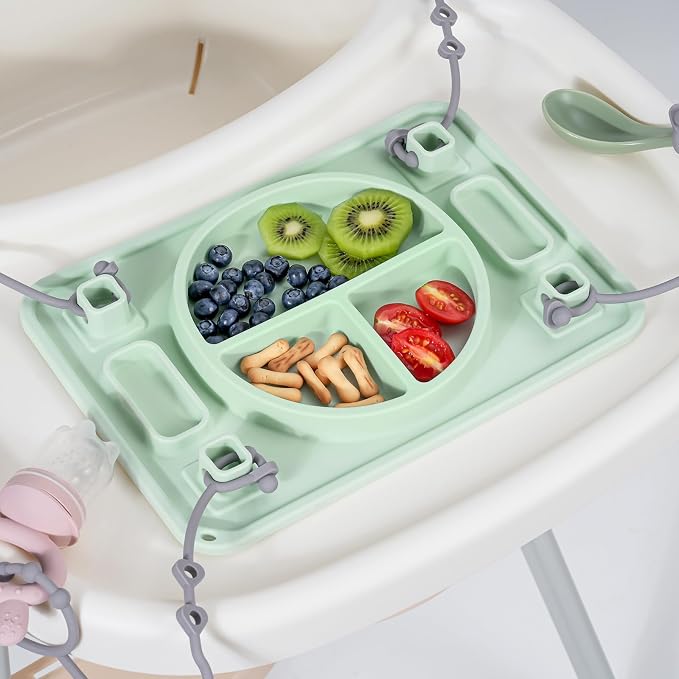 Strong Suction Baby Placemat, STARTURFLYU Silicone Toddler Plate with 4 Toy Straps & Anti-Peel Design, Dishwasher Safe Travel-Friendly Sensory Mat for High Chair, Airplane, Baby Led Weaning (Green)