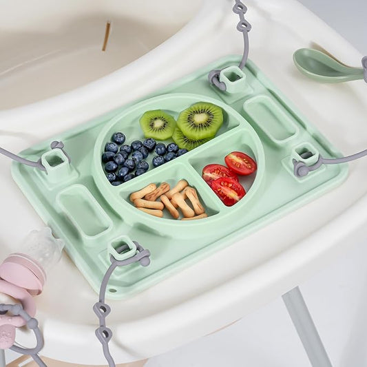 Strong Suction Baby Placemat, STARTURFLYU Silicone Toddler Plate with 4 Toy Straps & Anti-Peel Design, Dishwasher Safe Travel-Friendly Sensory Mat for High Chair, Airplane, Baby Led Weaning (Green)