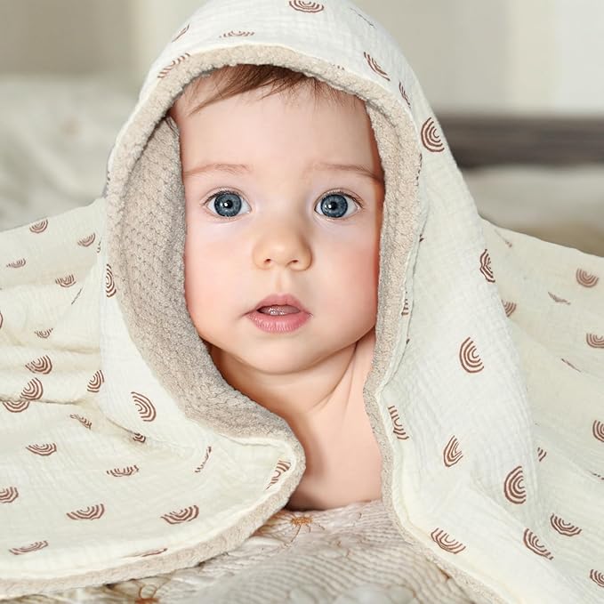 Soft & Breathable Baby Organic Cotton Muslin Blanket with Warm Flannel Lining, Unisex Crib Blanket for Toddlers, Large 43x43 Inches (Rainbow)